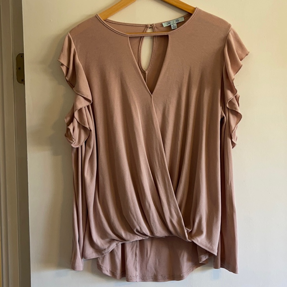 Dusty shell pink ruffled cold shoulder tunic top